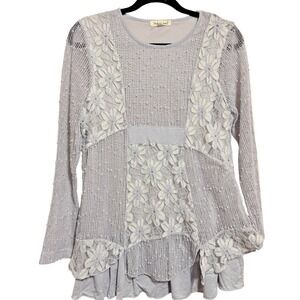 Women's Indigo Soul Open Weave Layered Top Grey Size Small